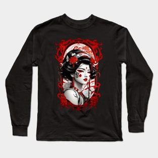 Japanese geisha retro vintage Asian Oriental floral art Long Sleeve T-Shirt